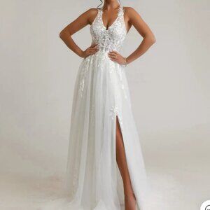 Azazie Dysis Diamond White A-Line Halter Sequins Tulle Wedding Dress